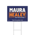 Rectangular navy blue yard sign with "MAURA" in white, "HEALEY" in orange block letters, and "for Governor" in white below,.